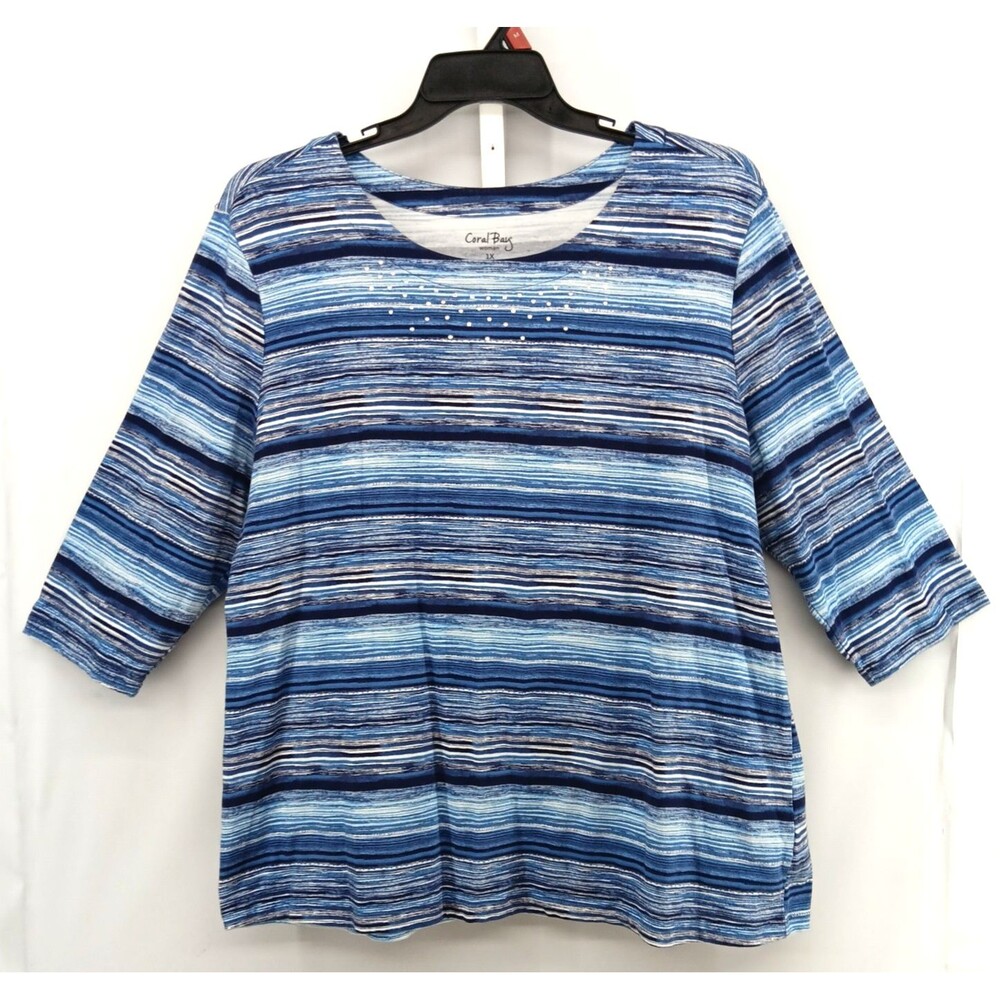 Coral Bay Shirt Women Plus Size 1X Blue Striped Beaded 3/4 Sleeve Round Neck Top